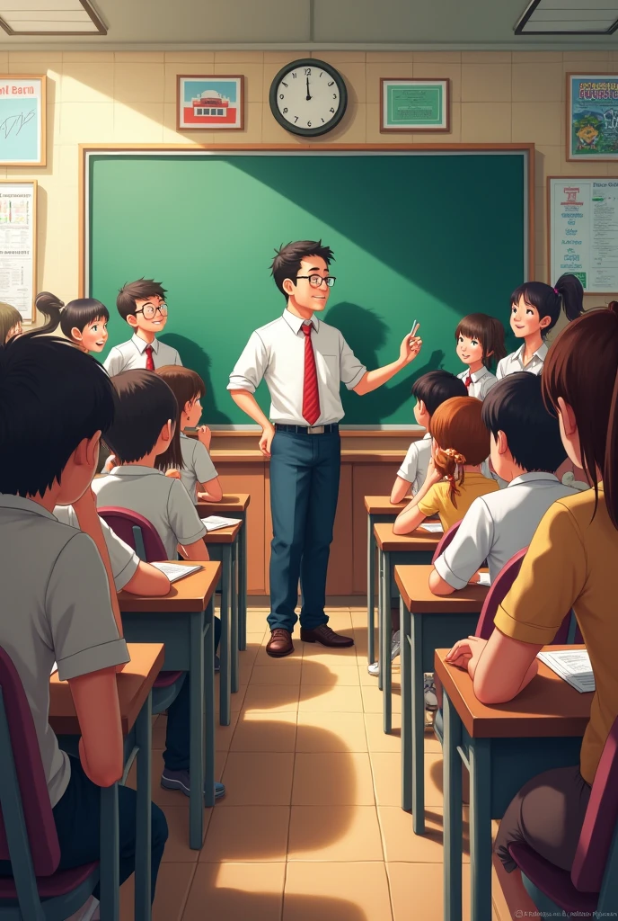 Classroom with a teacher and about twenty students with one of them at the board