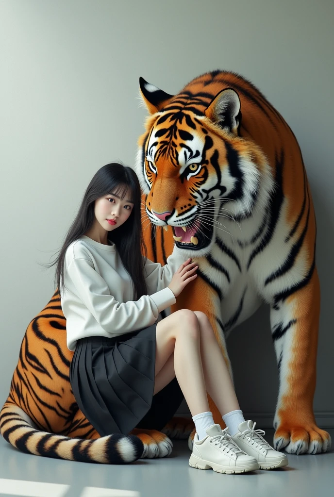 created a very real 3D painting image, a beautiful 17 year old long-haired Japanese woman, wearing a long-sleeved white shirt, long black plisket skirt, long white socks and sneakers, looking forward with a sharp gaze, sitting and leaning on the body of a A giant tiger with a ferocious face, sharp fangs with a wild gaze, gently stroking the tiger's body, the background is a white and gray wall, an image with a touch of 3D quality, cinematic, photographic