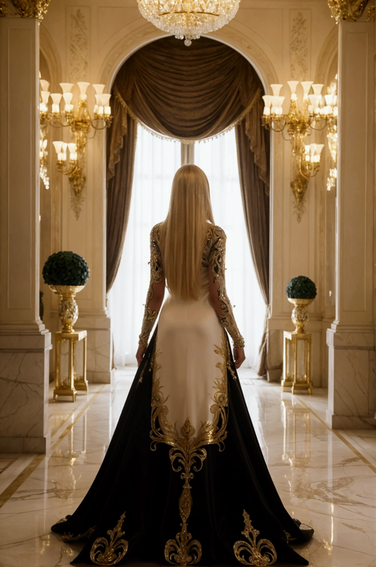 "A stunning, tall woman with long, flowing blonde hair, wearing elegant, black elegant dress that glimmers subtly in the light. She is entering an opulent, high-end restaurant with a grand, warmly lit entrance. The scene is from behind, capturing the elegance of her movement as she approaches the large, ornate doors. The restaurant's modern and luxurious details, like white and gold accents, marble floors, and chandeliers, add to the ambiance, creating a sophisticated and glamorous atmosphere.
