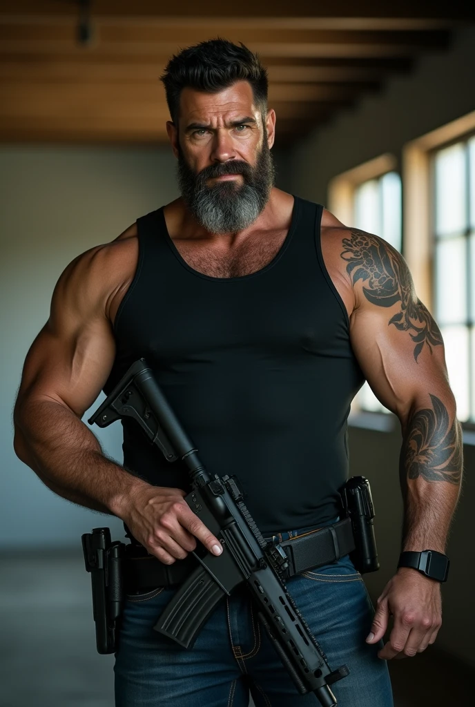 handsome, handsome man, tough man, 40 year old man, ex-soldier, ex-special forces soldier, beard, dark mustache, thick mustache, short beard, thick beard, muscular, muscles, abs, thick neck, huge man, large man, husky man, handgun, holding handgun, trimmed beard, thick beard, groomed beard, ultrarealistic, well-lit, good lighting, soft lighting, 8k