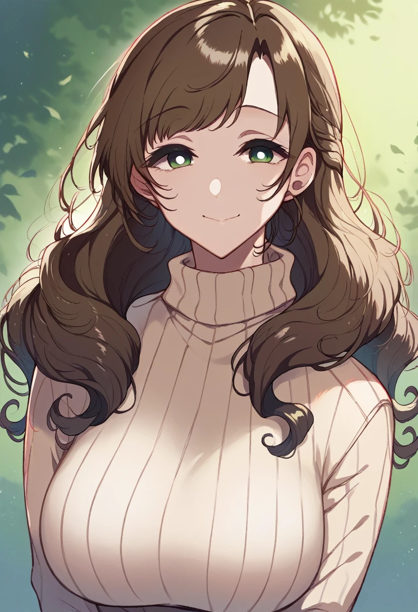 Chocolate brown hair, very slightly wavy hair, swept bangs, yellow-green eyes, mature, smiling, closed mouth, head tilted, voluptuous, beige turtleneck