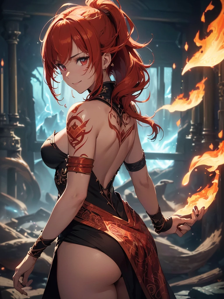 (((best quality, sharp image, clear image, cinematic lighting, 8k resolution, masterpiece, ultra detailed, intricate))) Girl, (((looking over left shoulder))), (shot from behind), fire mage, ((intricate background)), ((chaotic background)), red hair, smiling, ((flame runes, flame sigils)), (tatoo on back), slim figure, flying sigils