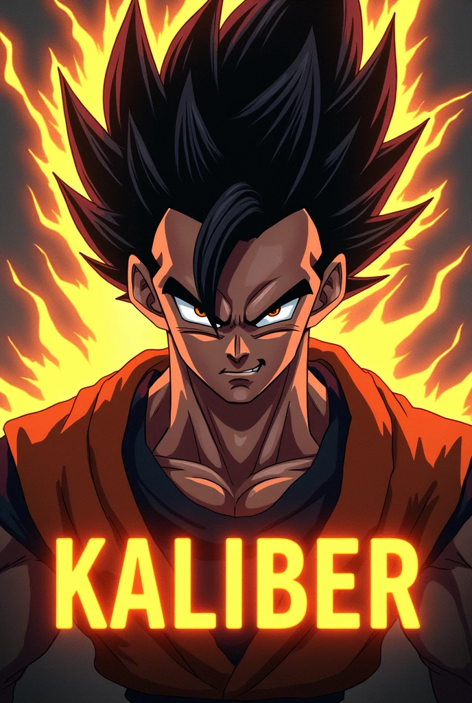 Super saiyan like anime assassin closeup with the KALIBER underneath in big letters