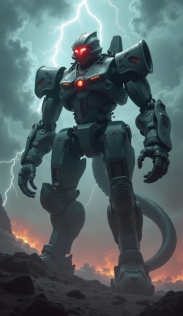 A giant humanoid robot with a monster-like tail