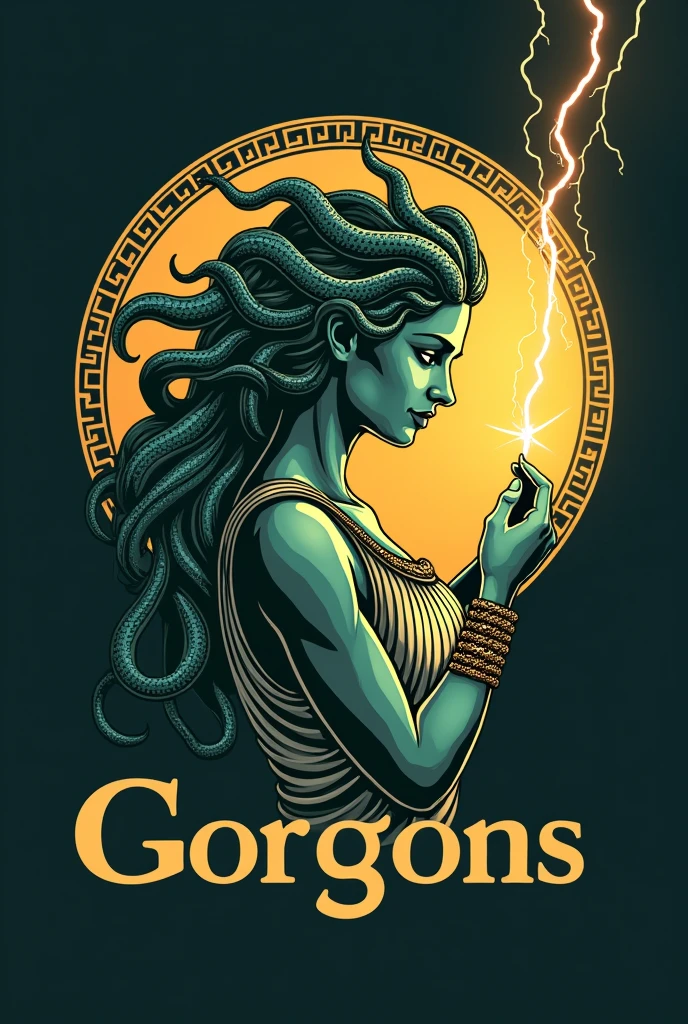 Physiotherapy logo of the Greek character Medusa from head to waist,wearing a greek outfit,with snake head with snake face,gaseous green skin color,holding a golden ray in his hand,a golden round border, written the word Gorgons ,With lightning in hand