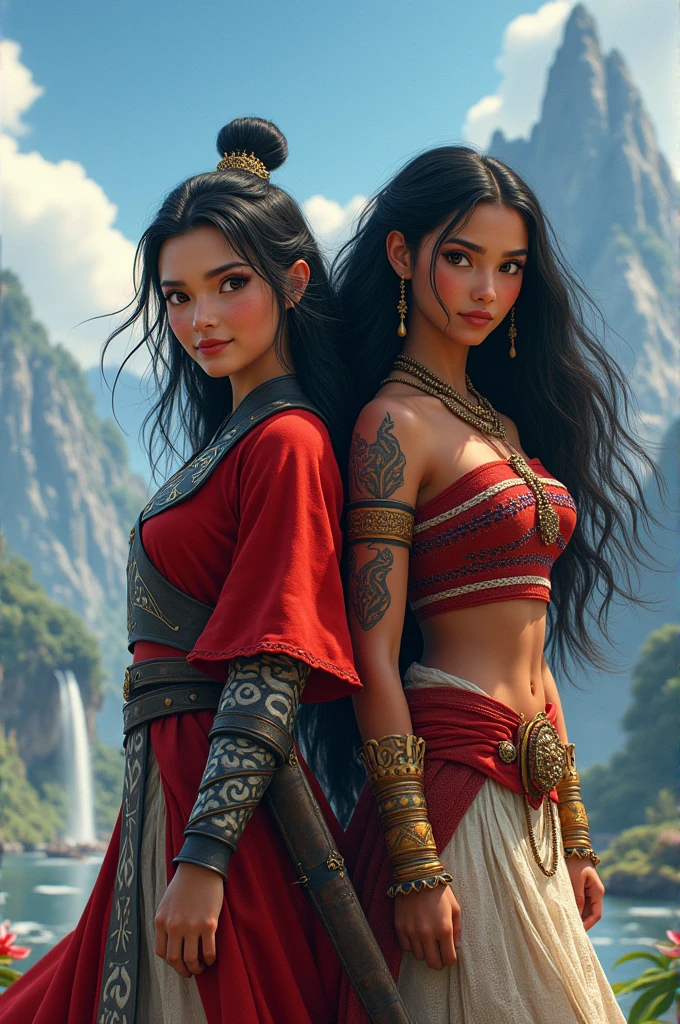 ((realistic:1.5)),((best quality)), ((masterpiece)),((detailed)), (1girl), {a beautiful female wearing a Sari}, (upper body:1.3),super-wide-angle lens,face focus, mature,sexy,toned muscles,long legs,curvy, barefoot, medium breasts, open cleavage, drooping breasts, thick thighs,wide hips, thin legs, green eyes,long black hair,floting hair,long eyelashes, (detailed face,beautiful eye, detailed pupilss,detailed clothes features, clear background:1.3), (Bindi,Jhumkas:1.3), (Armlet, Haar, Payal,Maang Tikka,Jhumkas,Kamarband,Bangles:1.3), mysterious ancient ruin, lush forests, deep canyons,bridge,river,cliff,cloud, lakes,rock,waterfalls, flowers, grass, fog,vine,tree, smoke, best shadow,bright details,sharp,perfect composistion, Intricate, Sharp focus, dramatic, by Frank Frazetta,by Julie Bell,by Olivia De Berardinis,by Luis Royo,by boris vallejo, (specular lighting:1.3),rim light, princesses, royal skimpy underwear, hugging and touching each other, teasing her friend's waist, gasping friend, biting her friend's ear lobe, squatting
