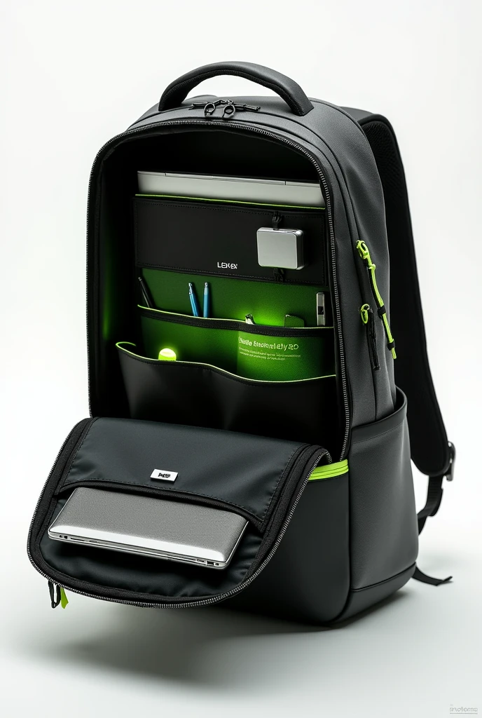 generates an image of a tech backpack in black or dark grey with neon green edges. The image should focus on showing the inside of the backpack, that should have laptop compartments, pencils and other objects. Make sure the name “EcoTechPack” is visible inside the backpack. The background of the image must be white. And from different angles focused on the interior on the sides it does not have pockets