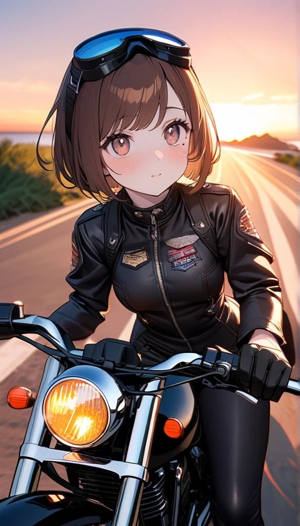 (1 person),(Best image quality, 8k, masterpiece:1.3), Anatomically correct, ((Brown hair bob cut:1.1)),(Swept-apart bangs,), (Cute eyes, Dark Eyes), (Mole under right eye), (thin),(Glowing Skin:1.1),(Pale skin:1.2),(Fantasyな雰囲気),(look up),Ultra-high resolution, Textured skin, Sparkle Effect, Fantasy,Bright Eyes,
Black Riders,Black Leather Pants,Black leather gloves,Black Leather Boots,Black Helmet,goggles,
Riding American Motorcycles,Seaside Road,sunset,Sunset