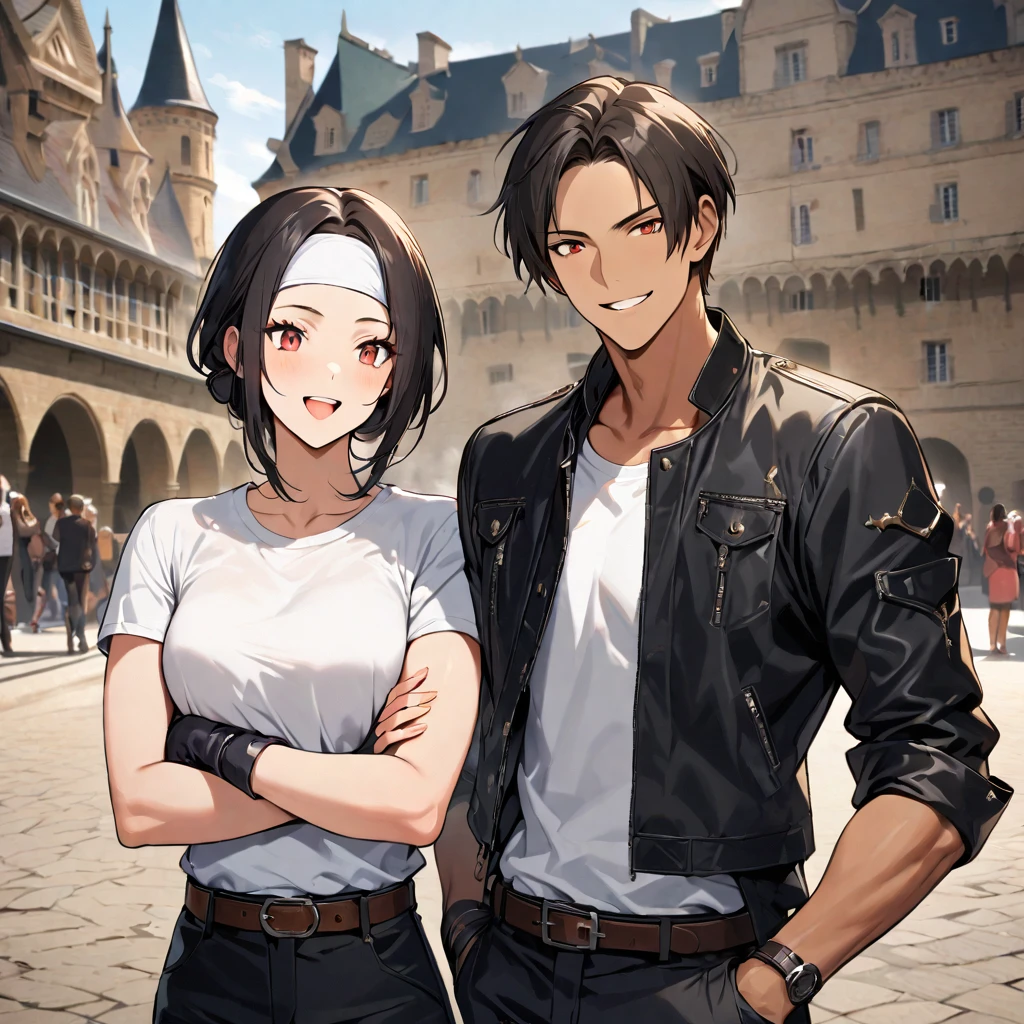 Orochikyo, two people, dark skin, red eyes, ((black jacket with rolled up arms)), fingerless gloves, black hair, white t-shirt, ((white headband)), black pants, white shoes, brown belt, handsome, shot, charming, masterpiece, high resolution, detailed face, fine grain, confident smile Man and woman laughing with Chateau de Chambord in background, man and woman with same hairstyle and clothes, peace sign.