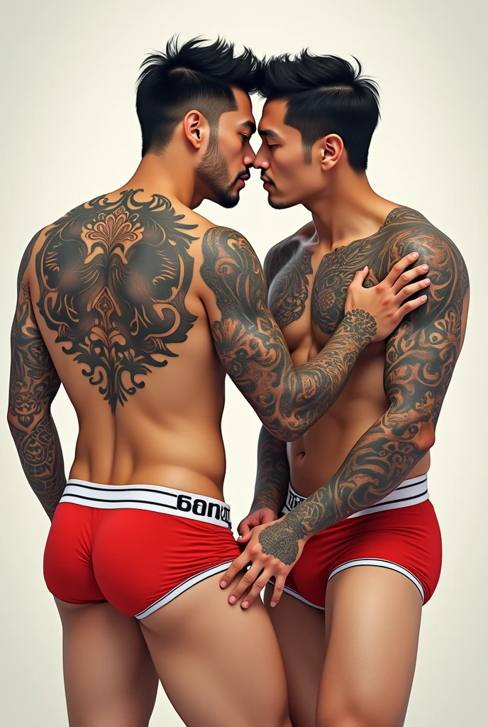 Draw me 2 handsome, stylish Asian mature men with tattoos covering their chests and shoulders wearing red underwear with white borders revealing their big dicks The two of them started touching each other Kissing and hands under their underwear More intense Pressing each other down on the bed Both of them were men Stripping naked One guy was pressed down on the bed face down, one guy sat on his ass, the other 2 wrestled on the bed The guy with more muscles won Switching to sucking breasts
