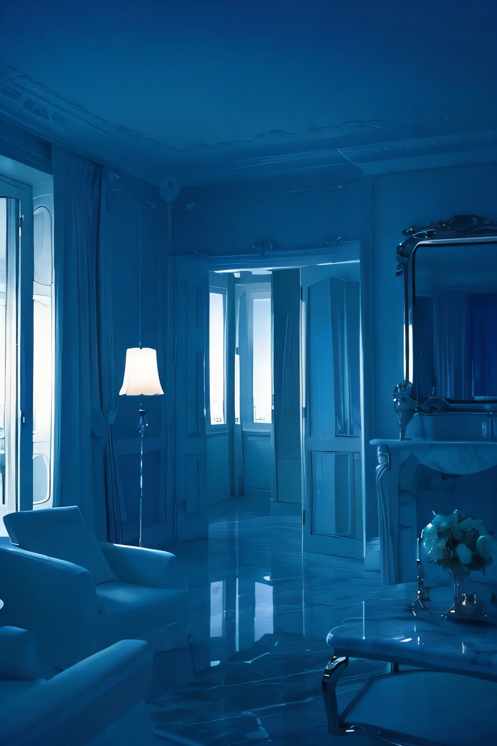 a white dreamy house, living room, retro, foggy, soft focus, year of 1995, cool lighting, muted pastel colors, glowing atmosphere, dramatic shadows, cinematic composition, dream-like quality, ethereal, romantic, soft focus photography, dark blue hour, midnight, windy, marble, silver and mirrors, hazy