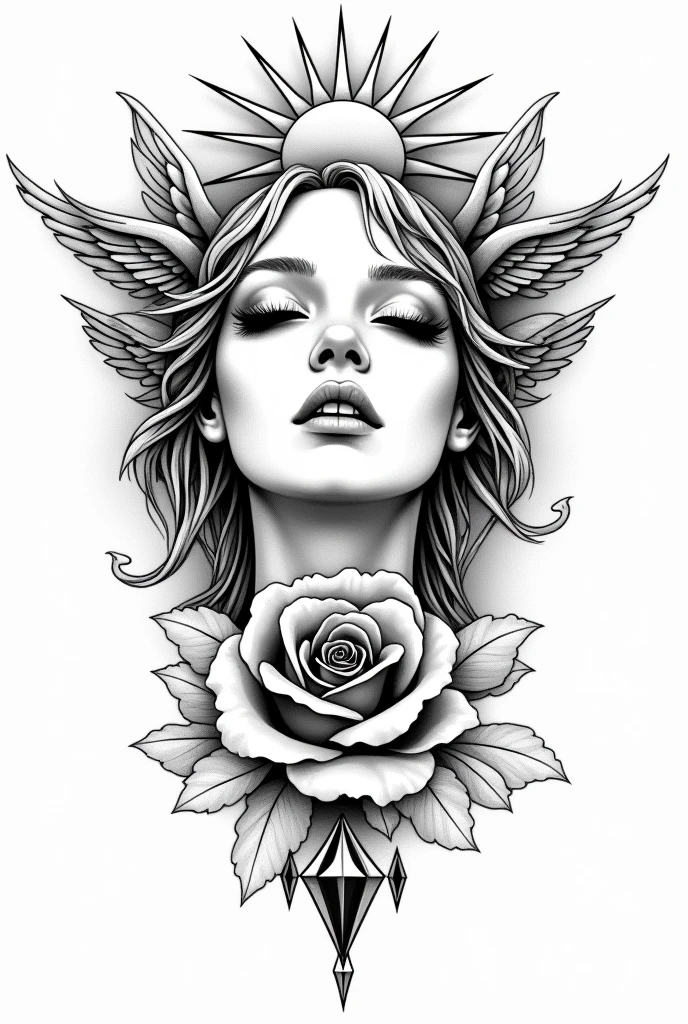 Tattoo template, rammstein, Women Head, sun, Angel, diamond, Rose, Tattoo, black and white drawing, no eyes, fineline