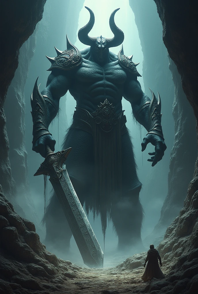 red magical monstrous titan with horns wearing magical shadow armor in a dark dungeon cave holding a giant sword