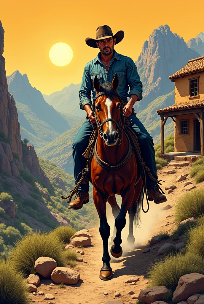 Hyperrealistic comic image with a 50's look, a cowboy riding his horse down the mountain to a cantina on the side of the road