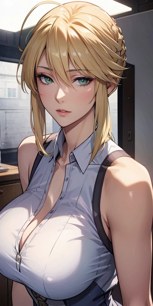 Elegant mature female, artoria pendragon, green eyes, blonde hair, soft light, 4k resolution, high quality, beautiful cg