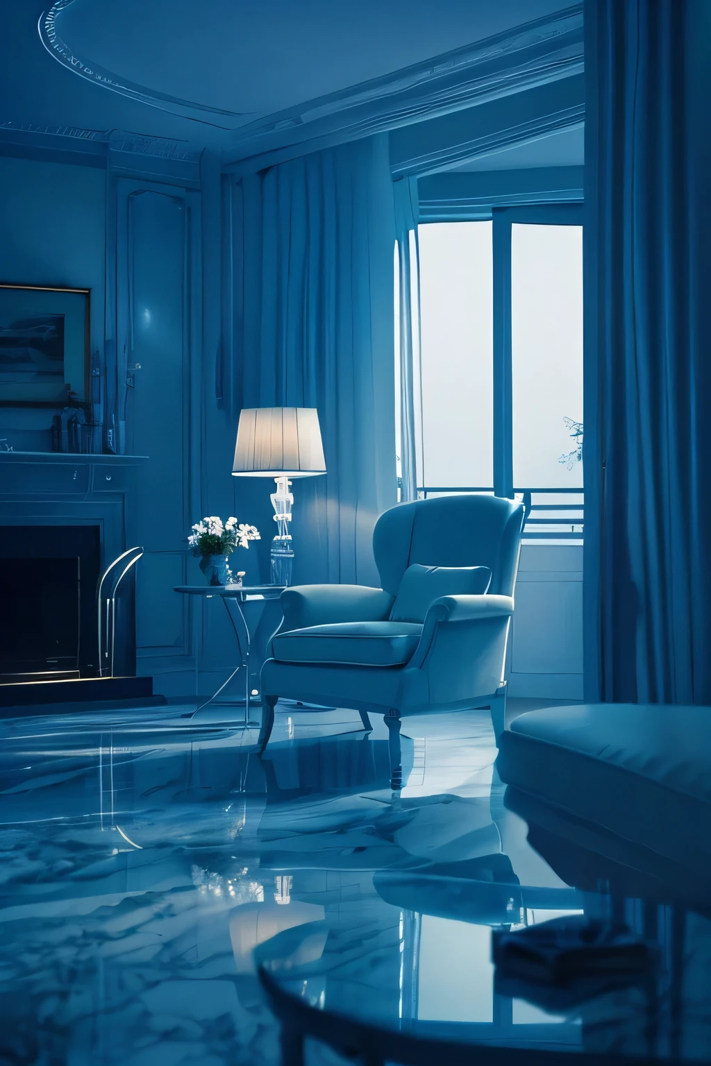 a white dreamy house, living room, retro, foggy, soft focus, year of 1995, cool lighting, muted pastel colors, glowing atmosphere, dramatic shadows, cinematic composition, dream-like quality, ethereal, romantic, soft focus photography, dark blue hour, midnight, windy, marble, silver and mirrors, hazy