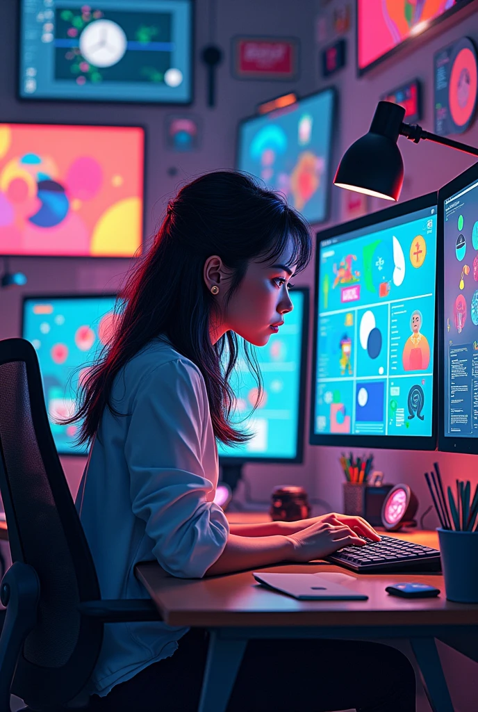 /imagine A modern graphic designer female face hide working at a desk with multiple screens, vibrant colors, and creative graphics designer 
around.
