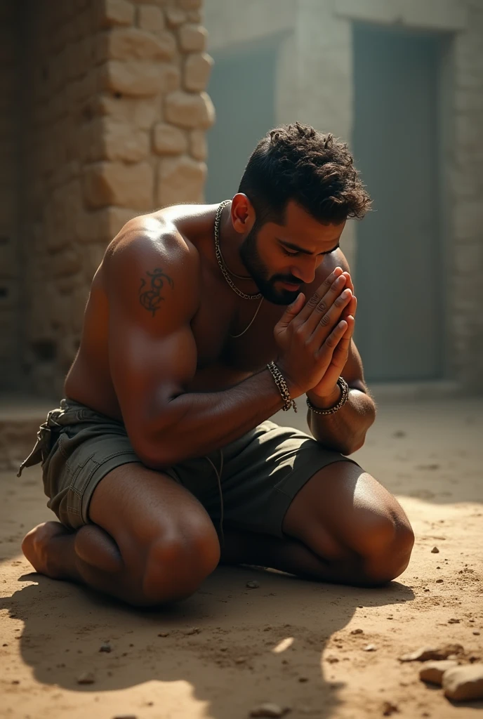 Real image of a single man between 30 and 35 years old,  Latino on his knees and face down thanking God 