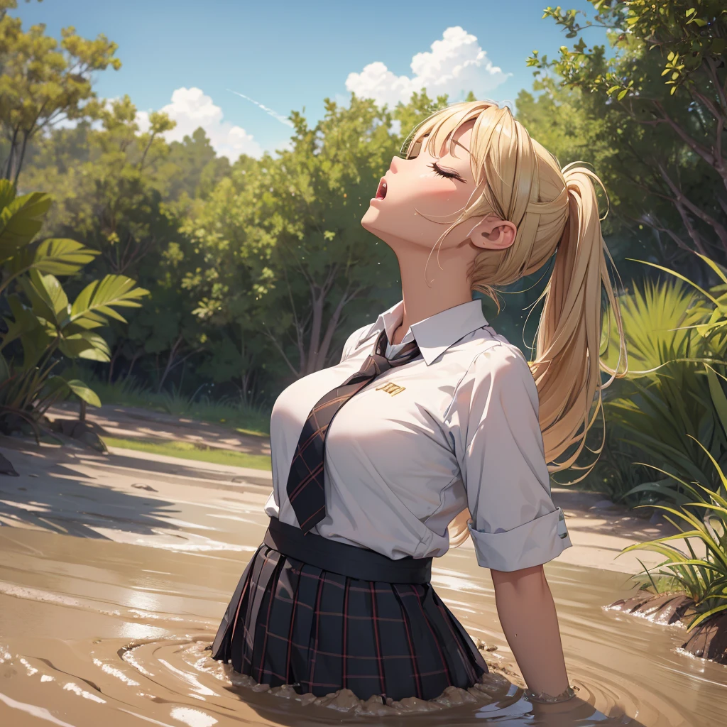 1girl, solo:1.5, masterpiece, best quality, high res, highly detailed, (illustration), beautiful detailed eyes, yuigahama yui, blonde hair ponytail, glossy lips, light makeup, orgasm, (looking up to the sky:1.5), (mouth open:1.2), intimate moment, school shirt, (quicksand:1.4), (submerged up to her torso), (from side:1.4), bog, swamp, grass, trees, (eyes closed:1.3), gasping expression,