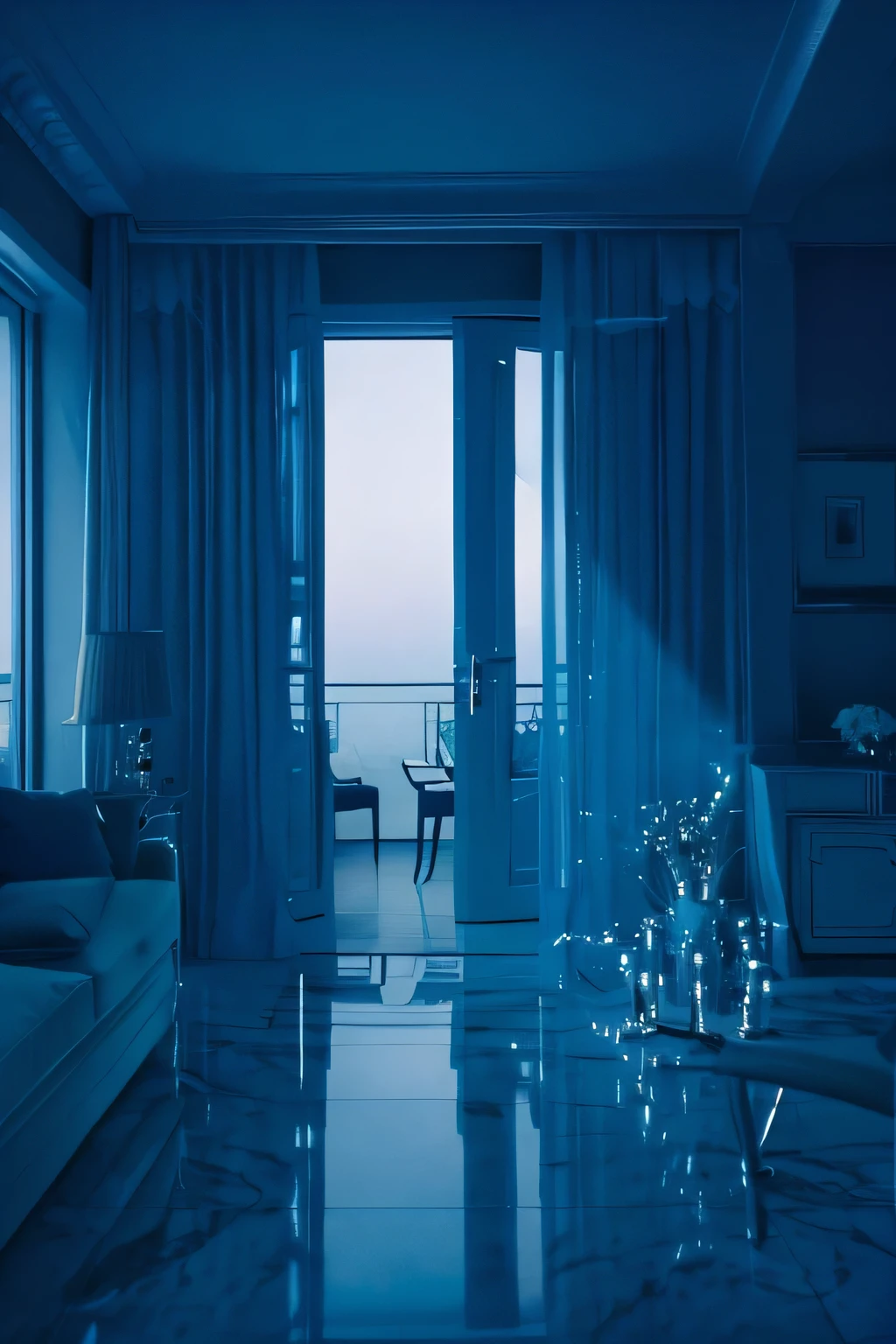 a white dreamy house, living room, retro, foggy, soft focus, year of 1995, cool lighting, muted pastel colors, glowing atmosphere, dramatic shadows, cinematic composition, dream-like quality, ethereal, romantic, soft focus photography, dark blue hour, midnight, windy, marble, silver and mirrors, hazy