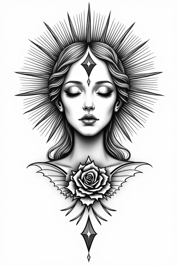 Tattoo template, rammstein, Women Head, sun, Angel, diamond, Rose, Tattoo, black and white drawing, no eyes, fineline