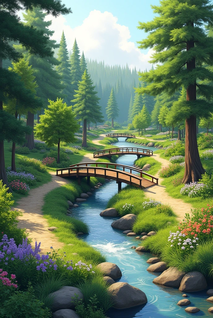 Make a sketch of an ecological park with many pedestrian paths passing near a small river, with lots of cold climate vegetation