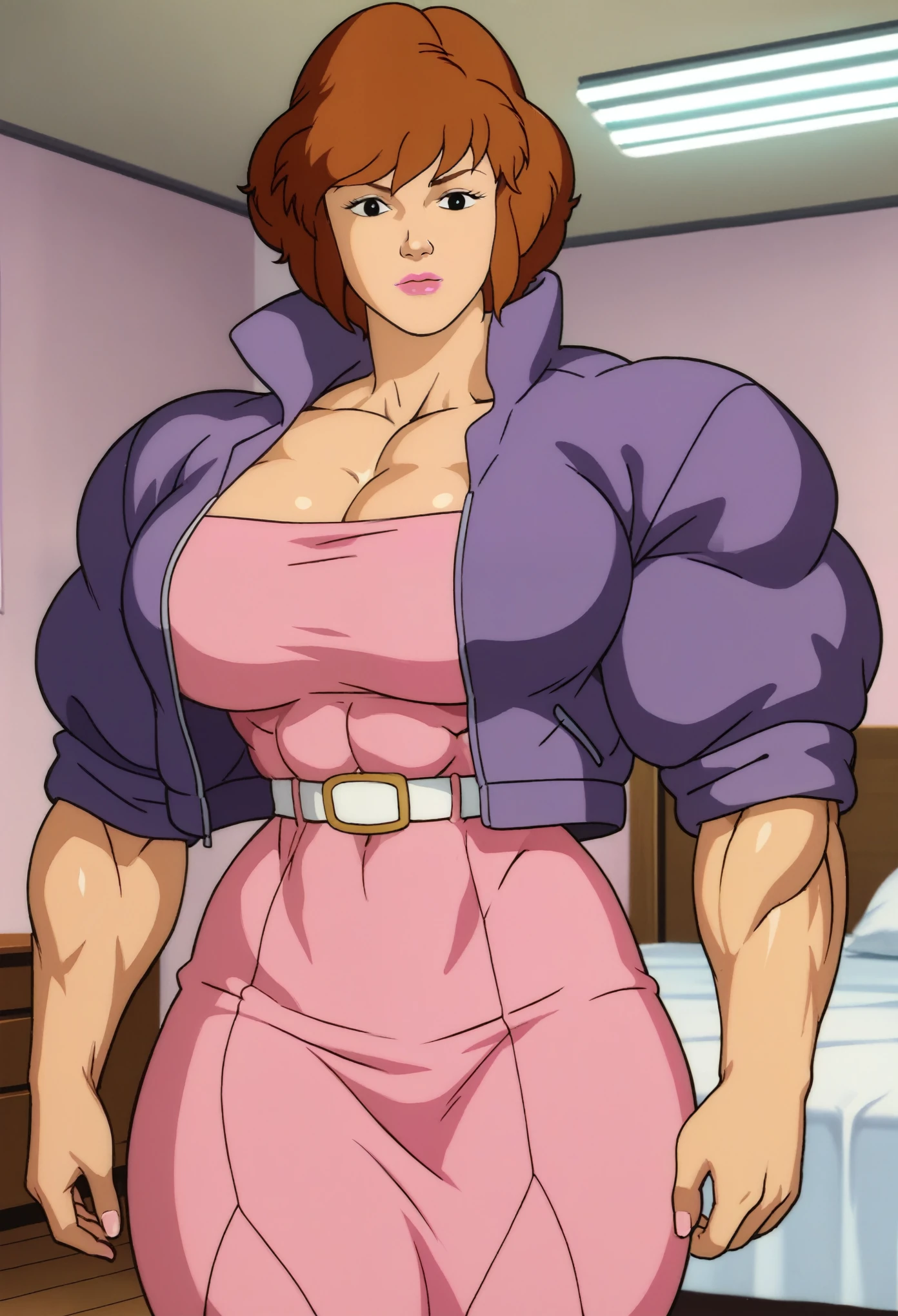 score_9, score_8_up, score_7_up, apriloneil, purple jacket, pink dress, indoors, lipstick, sleeves rolled up, inside bedroom, retro_artstyle, cartoon, source_cartoon, lowres, 1990s_(style), muscle girl, muscle body, huge muscles, massive muscles, huge biceps, massive biceps, oversized biceps, gigantic biceps, hyper biceps, abs,  thigh muscles