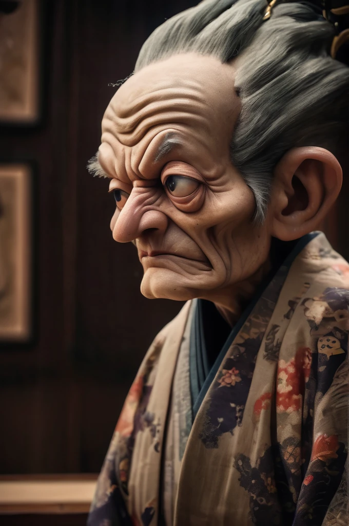 Inside the Japanese-style room、A thin old man wearing a kimono、Big headed monster、Shallow depth of field, Vignette, Very detailed, High budget, Bokeh, CinemaScope, Sulky, amazing, nice, Film Grain, granular . Creepy, Anxious, dark, Creepyな, Suspenseful, strict, Very detailed