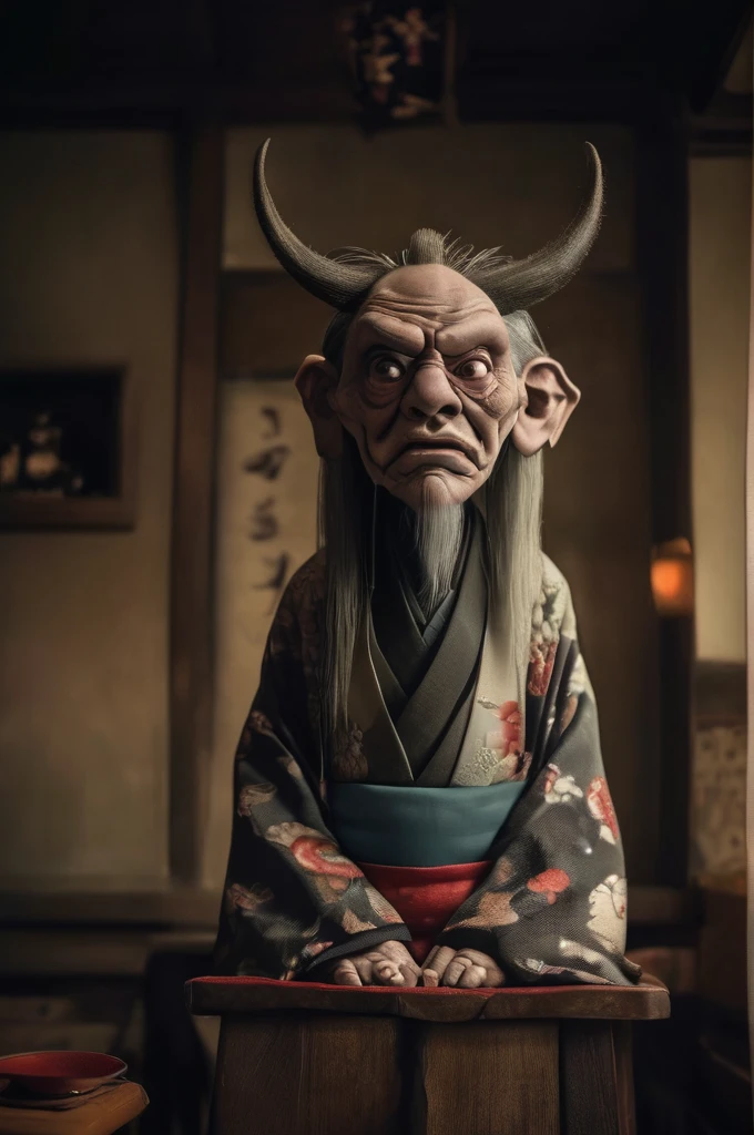 Inside the Japanese-style room、A thin old man wearing a kimono、Big headed monster、Shallow depth of field, Vignette, Very detailed, High budget, Bokeh, CinemaScope, Sulky, amazing, nice, Film Grain, granular . Creepy, Anxious, dark, Creepyな, Suspenseful, strict, Very detailed