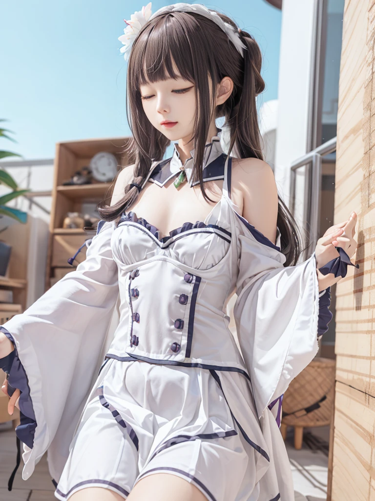 Highest quality、High resolution、Ultra-detailed、8k, Emilia、Emilia Masterpiece、Highest quality, In the castle courtyard, Bans, Clothes are white, 長いsleevemouth, just_shoulder, dull_前hair, Blurred, Blurred_background, Blurred_prospect, blush, Braid, chestout, chestの谷間, Closed_mouth, cloud, crown_Braiding, Tag, depth_In_Field, independent_sleeve, dress, Emilia_\(Again:Stay Night\), eyebrows_appear_Through_hair, flower柄, Precious stones, hair_flower, hair_Decorations have been removed, hair_ribbon, lens_Flare, length_hair, look up_in_Audience, low_length_hair, Moderate_chest, One_eye_Closed, Plein Air, Pleats_skirt, Spiky_ear, purple_eye, purple_ribbon, ribbon, Silver_hair, skirtの, null, Laughter, solo, very_length_hair, white_flower