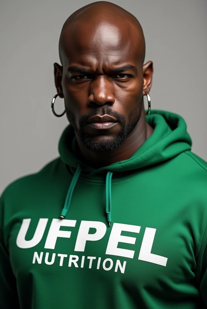 fat black man with short shaved hair and silver earrings with green sweatshirt saying ufpel nutrition (white letters)