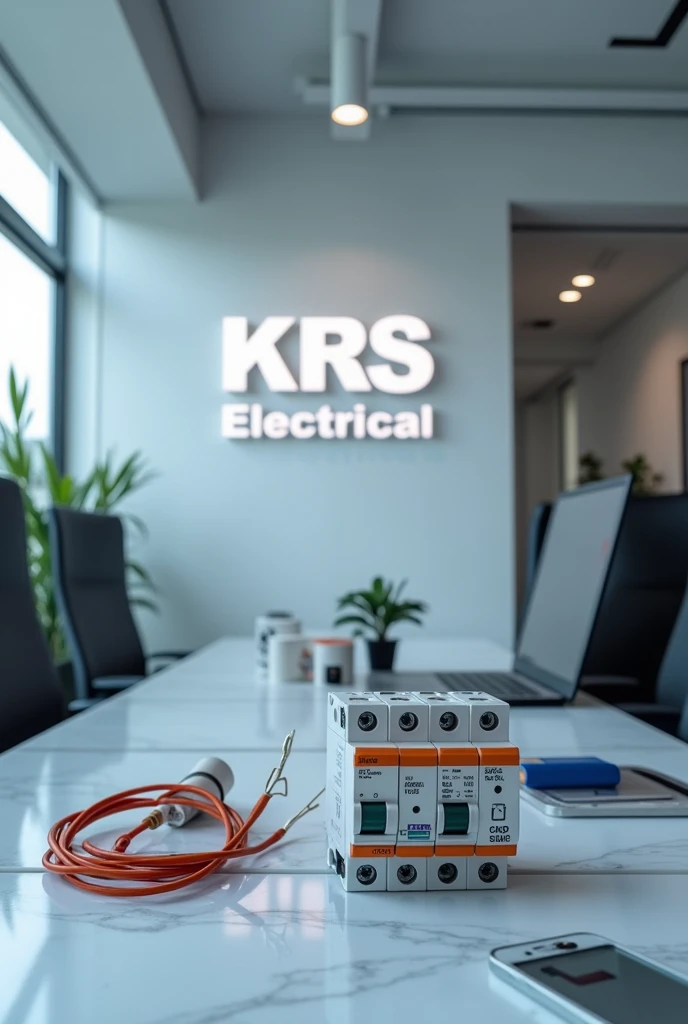 KRS Electrical logo on wall and  in front of on table wire, switch, mcb sample with clients
