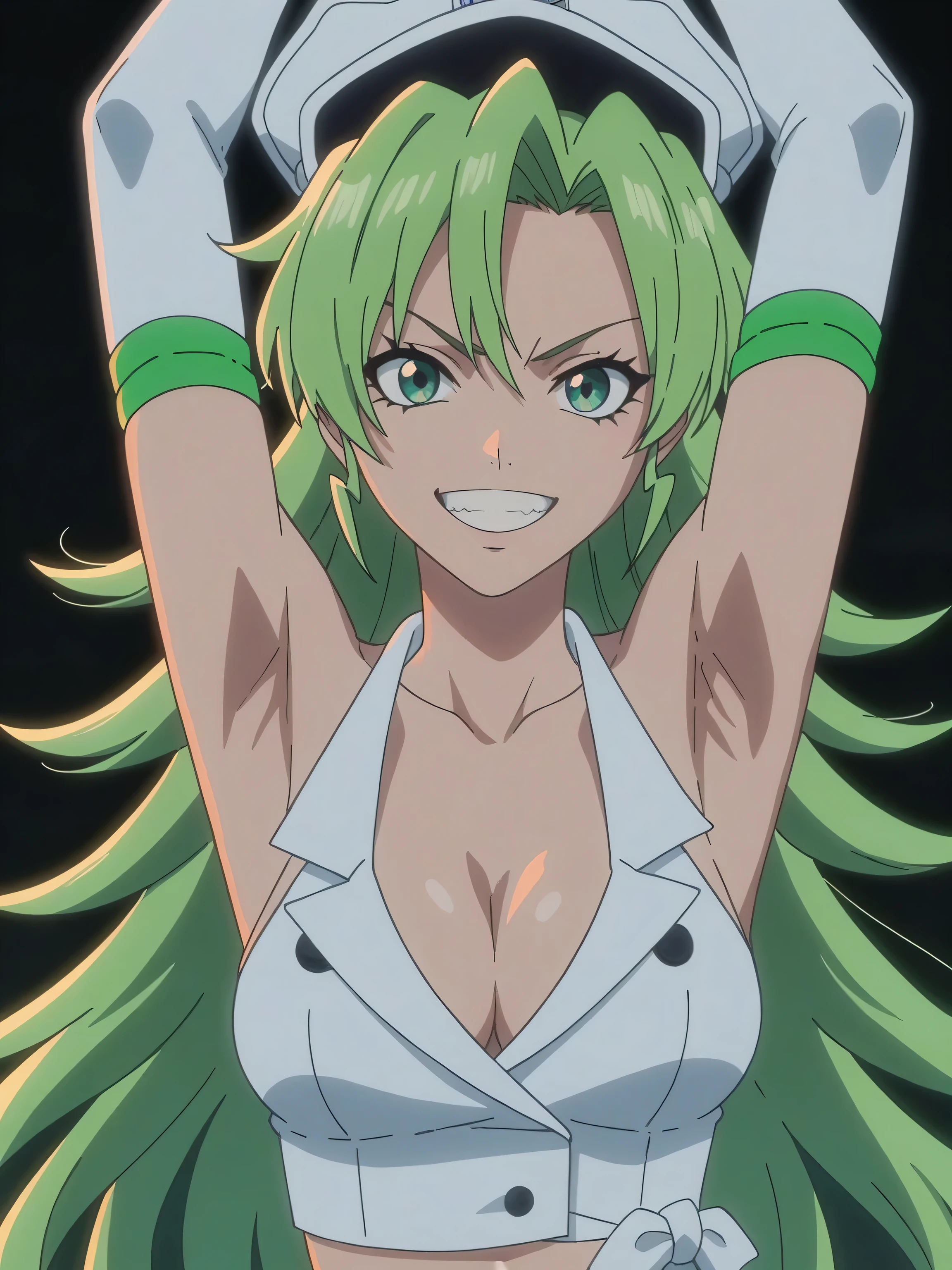 score_9, score_8_up, score_7_up, source_anime, anime screencap, black background, 1girl, solo, Candice Catnipp, green hair, long hair, green eyes, medium breasts, cleavage, white hat, white crop top, sleeveless, bare shoulders, buttons, midriff, elbow gloves, looking at viewer, eye contact with viewer, evil smile, grin, teeth, arms up, raised arms, armpits