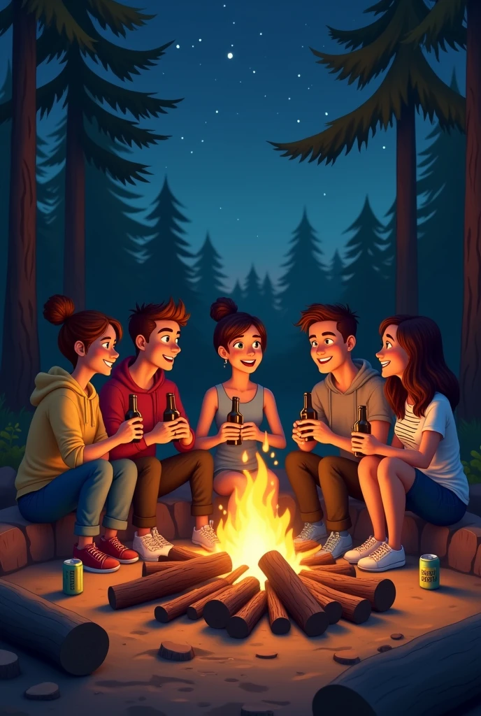 Campfire, friends drinking beer 