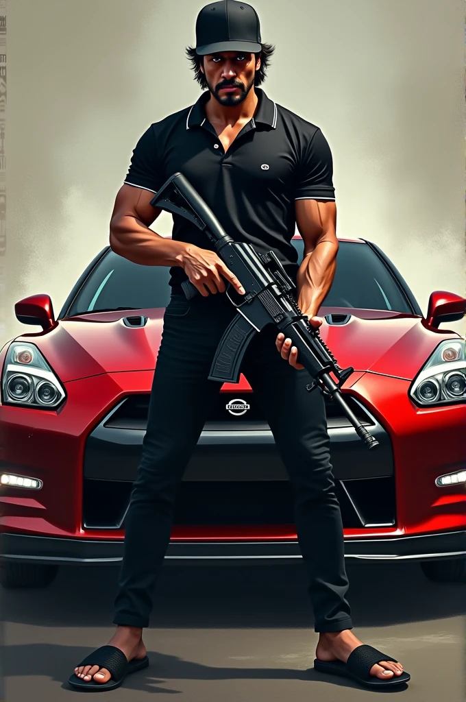 Shah rukh khan holding an ak47 in black trousers black slippers ufc cap black polo t shirt which has white line on collar and sleeve bands background nissan r35