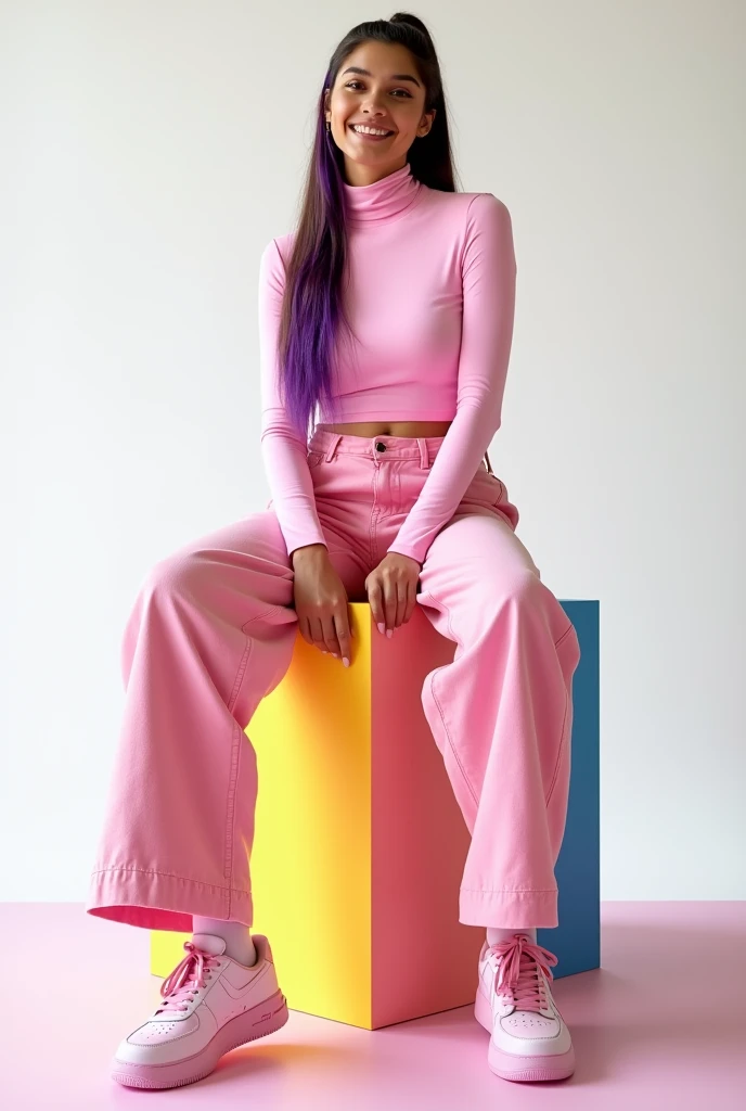 best qualityer:1.4), (ultra high resolution:1.2), (photorrealistic:1.4), (8k, CRU photo:1.2), 1 woman aged 26. Long dark brown hair with purple highlights tied in a ponytail.He's wearing a pink turtleneck shirt. She is wearing pink wide leg jeans. pink sneakers. She is sitting on top of a colorful cube. You are in a photography studio with a white background. She is Brazilian.