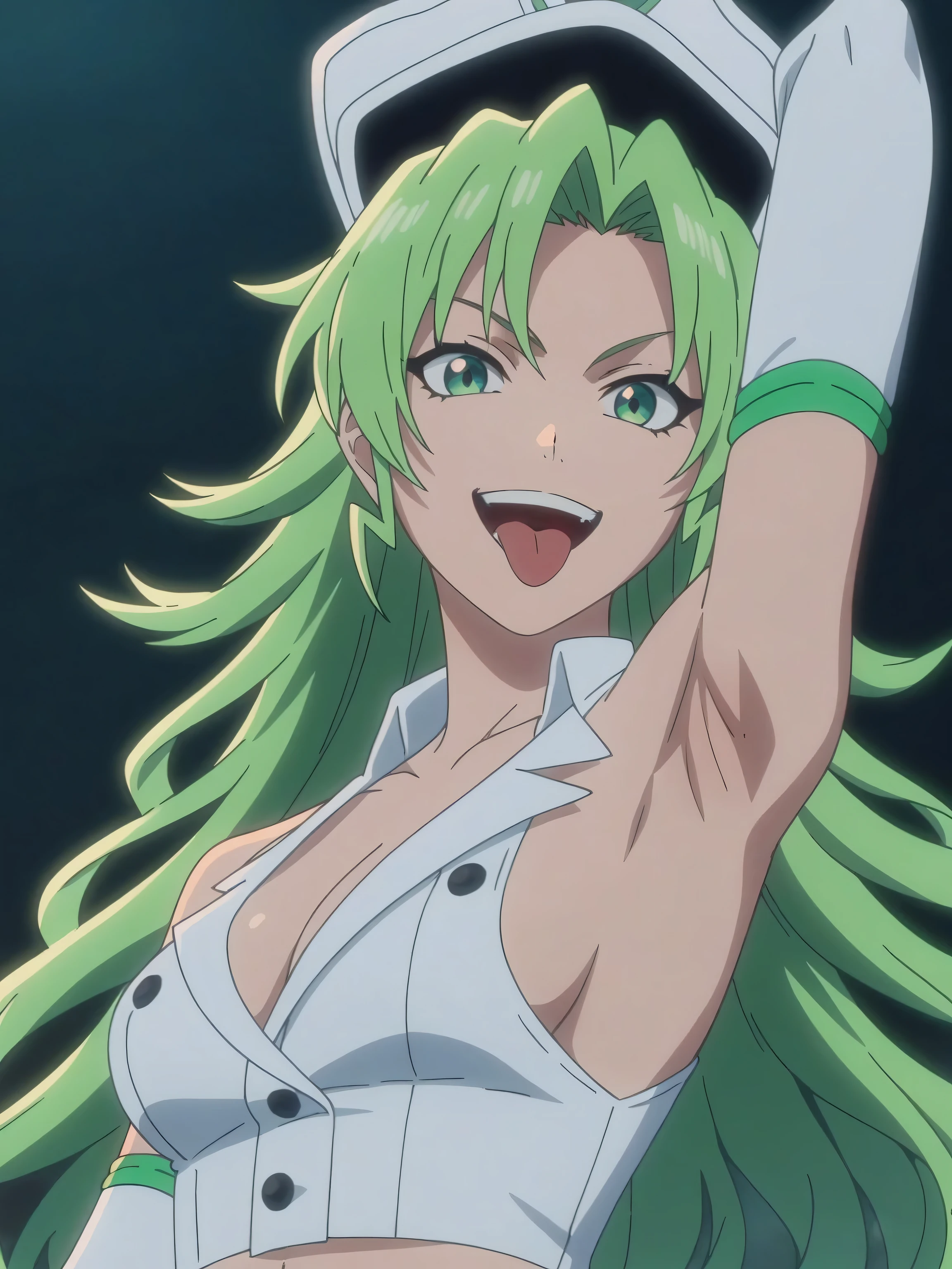 score_9, score_8_up, score_7_up, source_anime, anime screencap, black background, 1girl, solo, Candice Catnipp, green hair, long hair, green eyes, medium breasts, cleavage, sideboob, white hat, white crop top, sleeveless, bare shoulders, buttons, midriff, elbow gloves, looking at viewer, eye contact with viewer, evil smile, open mouth, tongue, tongue out, arm up, raised arm, armpit, from side, from below, collarbone 