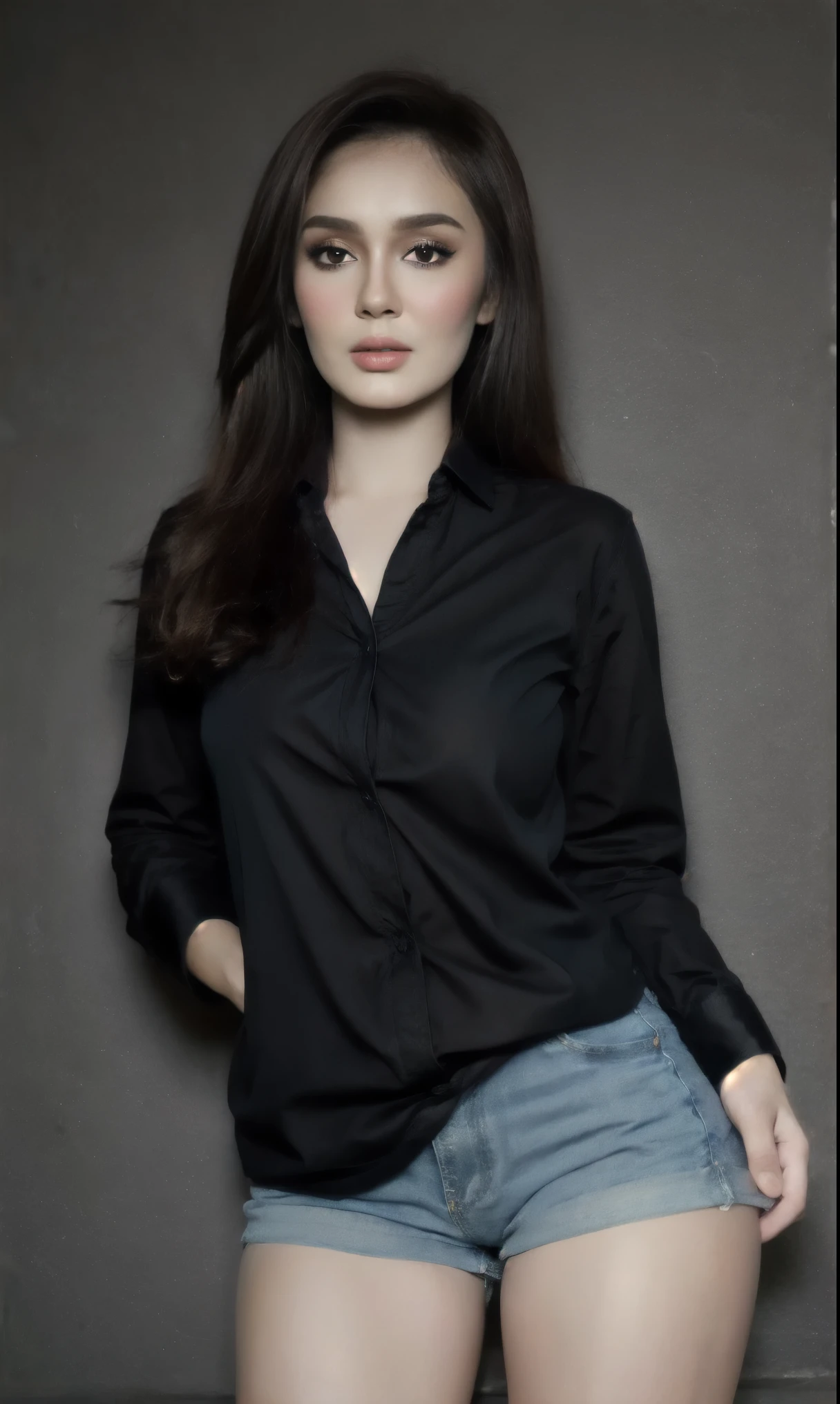 1girl,solo,medium breasts,(full body:0.8), (casual shirt:1.3), black hair, denim shorts, black shirt
best quality, masterpiece, an extremely delicate and beautiful, CG, unity, 8k wallpaper, Amazing, finely detail, extremely detailed CG unity 8k wallpaper, ultra-detailed, highres, extremely detailed, beautiful detailed,
(looking at viewer),