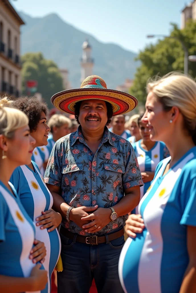 Evo Morales with an Andean hat and blonde Argentines with national team shirts and pregnant women