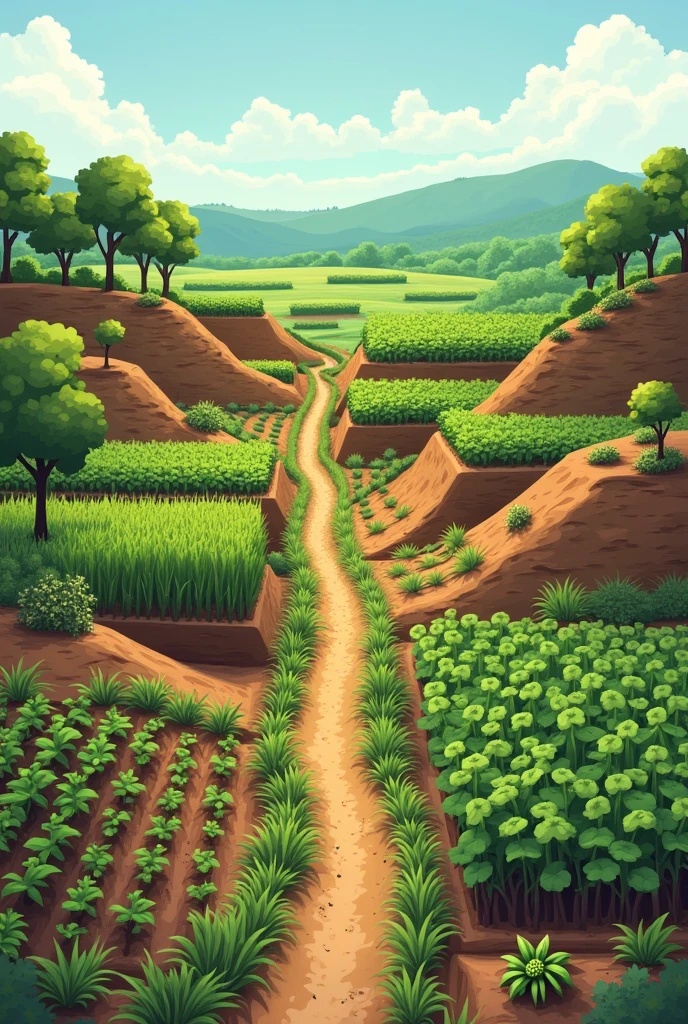 Soil degradation solutions Direct planting: Avoids soil disturbance, maintaining structure and reducing erosion.
Green manure: Use of plants that enrich the soil with nutrients, like legumes.
crop rotation: Alternate different types of plants in the same plot, controlling pests and diseases and improving fertility.
Adequate irrigation: Use techniques that avoid excess water and soil salinization.
Sustainable management: Adopt agricultural practices that do not harm the soil, how to use pesticides responsibly.
Reforestation practices: Replant deforested areas to protect soil from erosion and improve water quality.
Organic agriculture: Produce food without the use of pesticides and synthetic fertilizers, preserving soil health.
Agroforestry Systems: Combining tree planting with agricultural crops, creating a more balanced system
