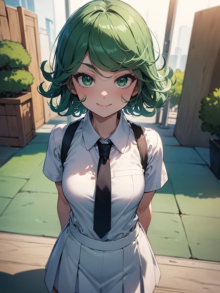 (high res, 8K, masterpiece, looking at viewer, best quality, very aesthetic, ultra detailed, ultra background, ultra Eyes) intricate details, 1girl, Tatsumaki, short sleeved white shirt, Light Gray short skirt, Pockets on the left chest, light Gray tie, green short hair, green eyes, Smile Face, Background Zoo, Cinematic Angle