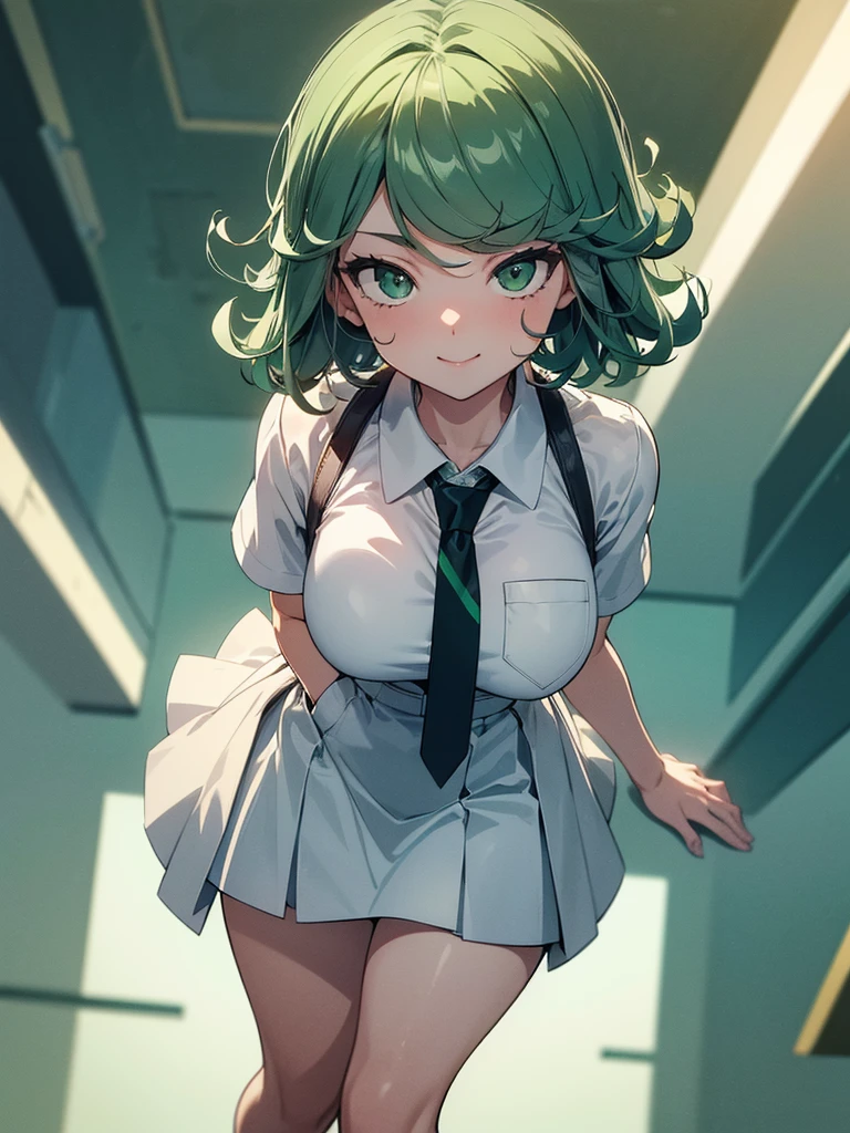 (high res, 8K, masterpiece, looking at viewer, best quality, very aesthetic, ultra detailed, ultra background, ultra Eyes) intricate details, 1girl, Tatsumaki, Chibi, short sleeved white shirt, Light Blue Gray short skirt, Pockets on the left chest, Blue Gray Tie, Wearing a belt, Black Sling bag, green short hair, green eyes, One leg lifted, normal face, Background City, Store, Cinematic Angle