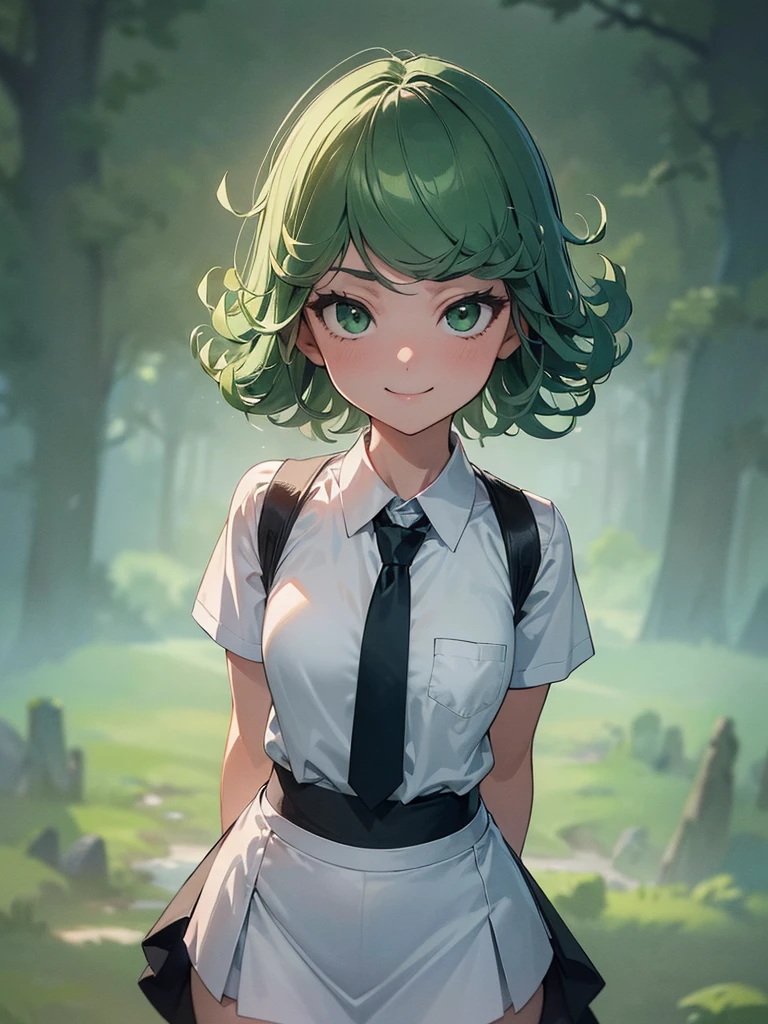 (high res, 8K, masterpiece, looking at viewer, best quality, very aesthetic, ultra detailed, ultra background, ultra Eyes) intricate details, 1girl, Tatsumaki, short sleeved white shirt, Light Gray short skirt, Pockets on the left chest, light Gray tie, green short hair, green eyes, Smile Face, Background Zoo, Cinematic Angle