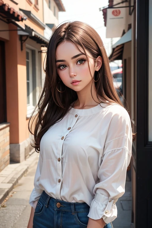 woman with brown hair, brown eyes, white skin,