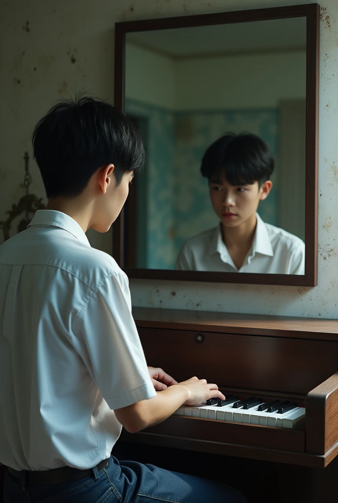 (photorealism:1.2), Two hyper realistic 20-year-old Asian boys with different characteristics. One playing the piano in an abandoned house looking at the other through a mirror. In the mirror there will be one in a school uniform, at school.