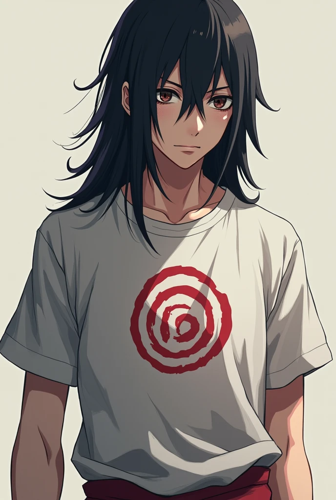 ITACHI UCHIHA wearing t-shrit  and their is wriiten SIMAN in t-shirt