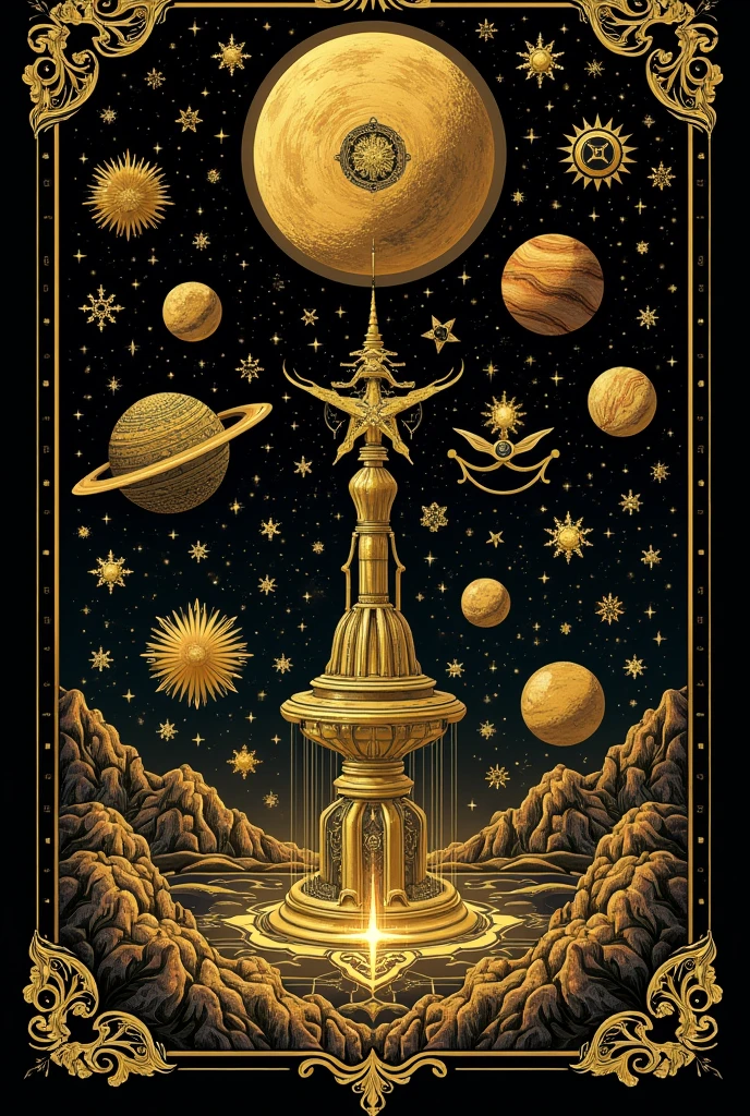 Topic astrology, draw all possible pictures related to this topic,colors gold and black,you can add a starry sky to the background of these pictures