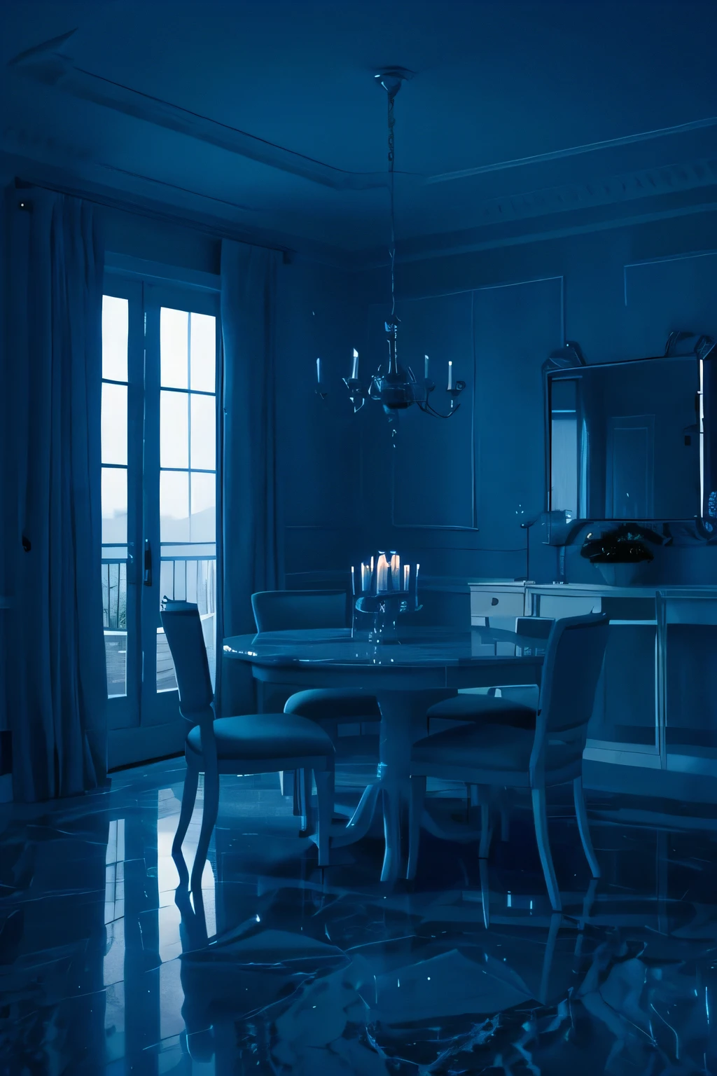 a white dreamy house, dining room, retro, foggy, soft focus, year of 1995, cool lighting, muted pastel colors, glowing atmosphere, dramatic shadows, cinematic composition, dream-like quality, ethereal, romantic, soft focus photography, dark blue hour, midnight, windy, marble, silver and mirrors, hazy