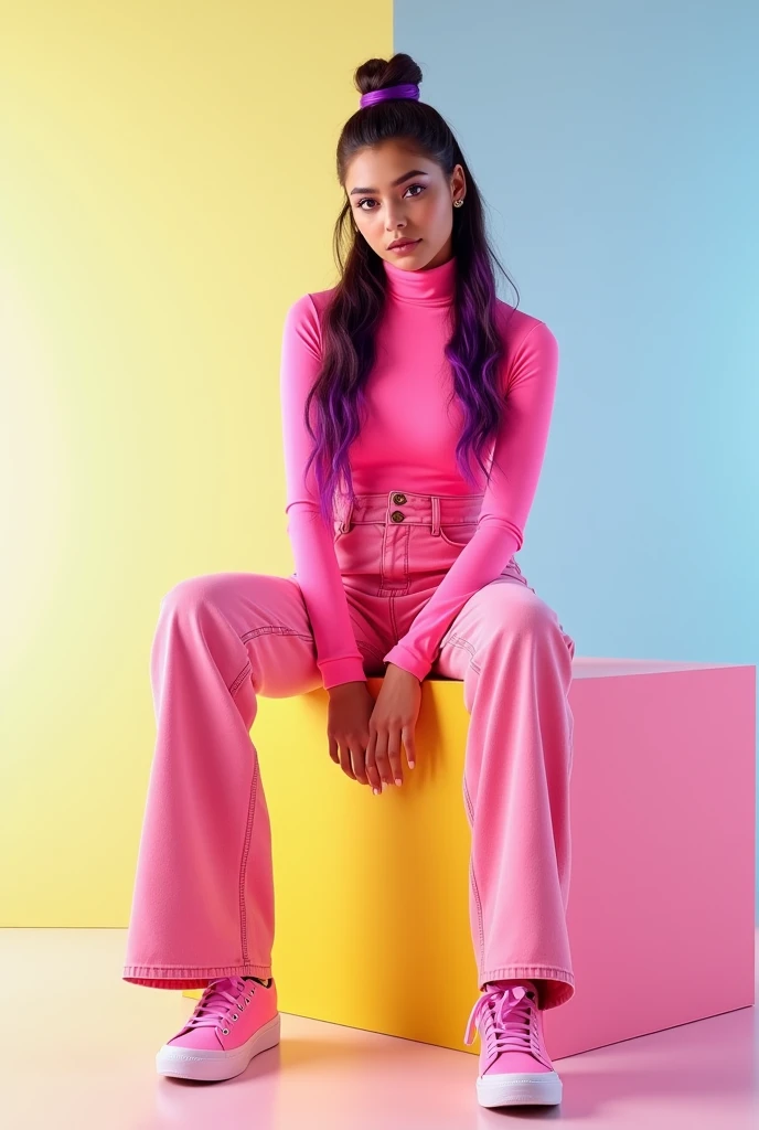 best qualityer:1.4), (ultra high resolution:1.2), (photorrealistic:1.4), (8k, CRU photo:1.2), 1 woman aged 26. Dark brown hair with purple highlights, long, tied up .He's wearing a pink turtleneck shirt. She is wearing pink wide leg jeans. pink sneakers. She is sitting on top of a colorful cube. You are in a photography studio with a white background. She is Brazilian.