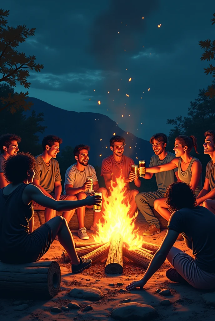 Campfire, friends drinking beer and its like heavy metal concert